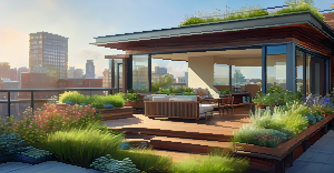 A modern home with a vibrant green roof garden, featuring various native plants and a wooden deck with lounge chairs, under warm afternoon sunlight.
