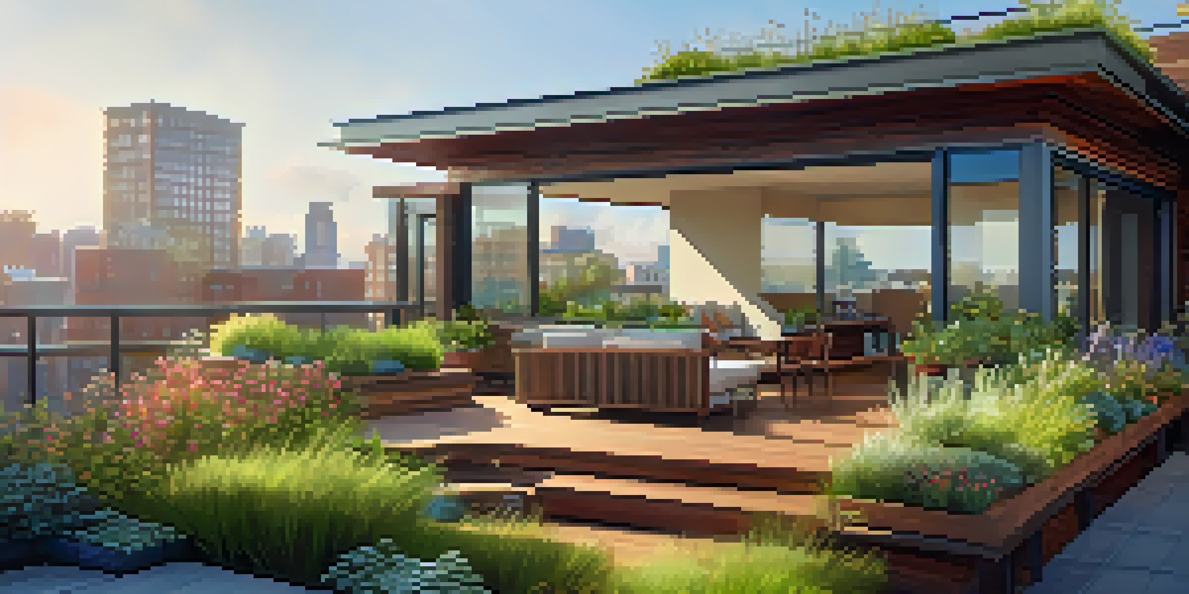 A modern home with a vibrant green roof garden, featuring various native plants and a wooden deck with lounge chairs, under warm afternoon sunlight.