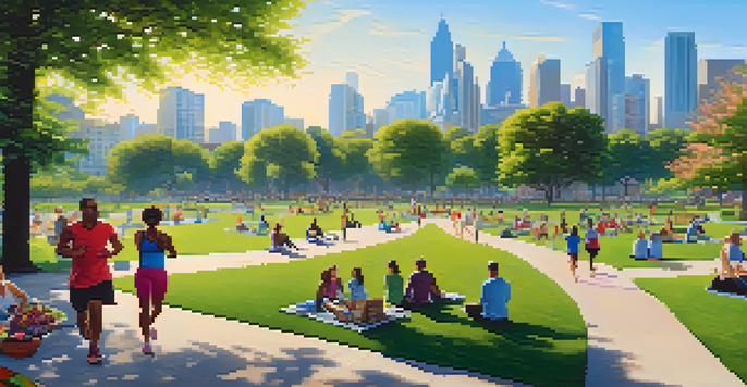 A lively urban park where people are jogging, practicing yoga, and enjoying picnics among vibrant flowers and greenery, with city buildings in the background.