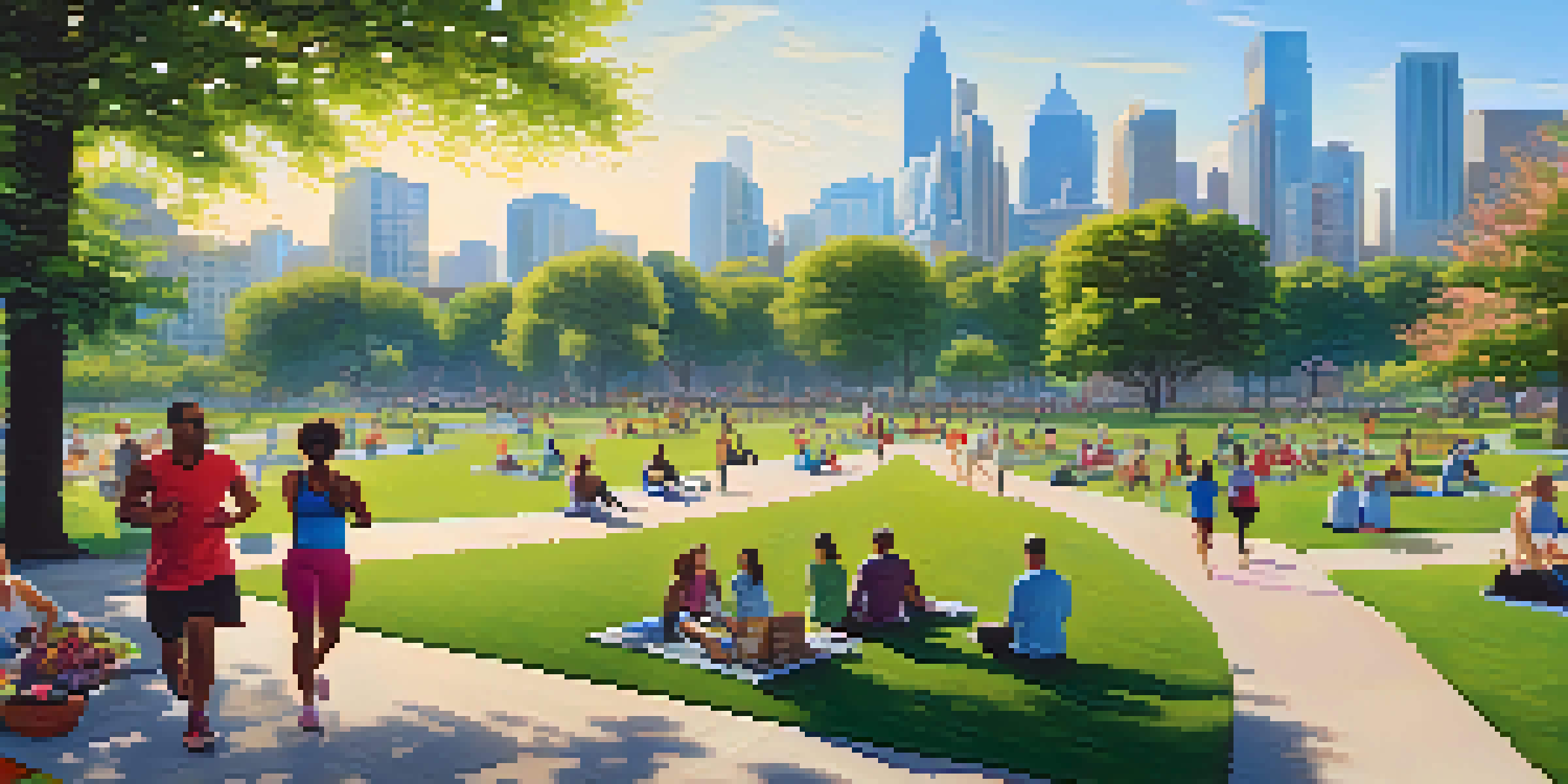 A lively urban park where people are jogging, practicing yoga, and enjoying picnics among vibrant flowers and greenery, with city buildings in the background.