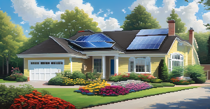 A modern home with solar panels on the roof, set in a beautiful suburban landscape with greenery and flower beds under a bright blue sky.