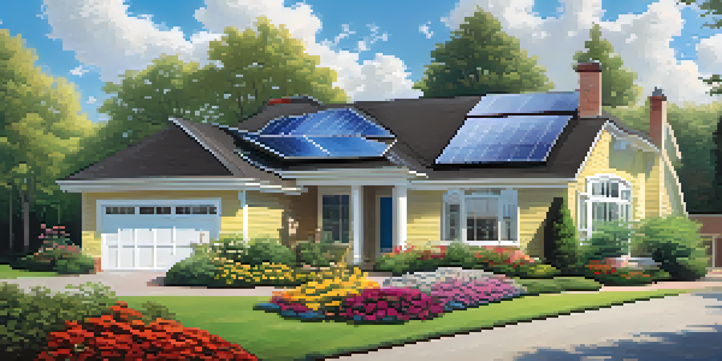 A modern home with solar panels on the roof, set in a beautiful suburban landscape with greenery and flower beds under a bright blue sky.