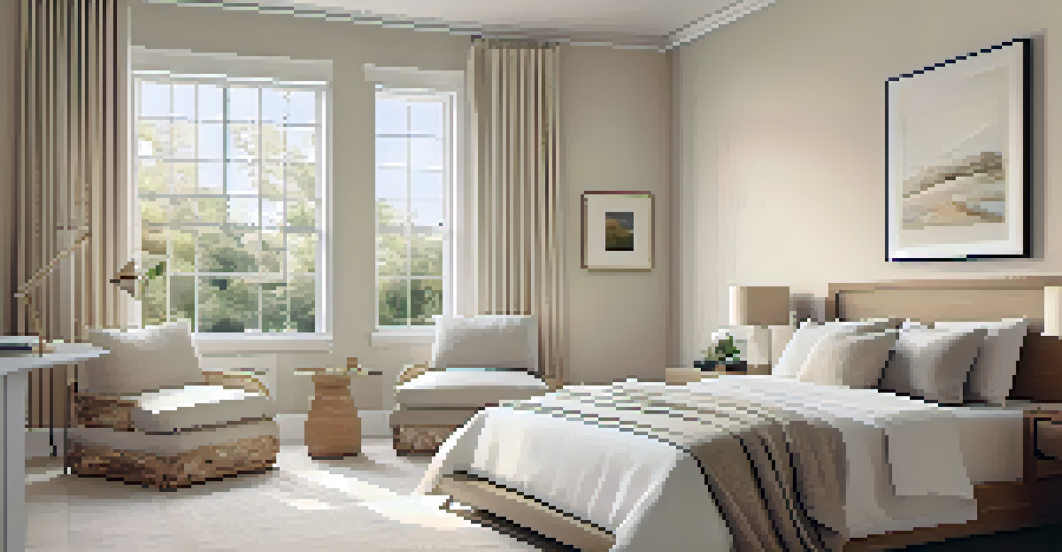 A tranquil bedroom with neutral colors, abundant natural light, and minimalist decor, designed for home staging.