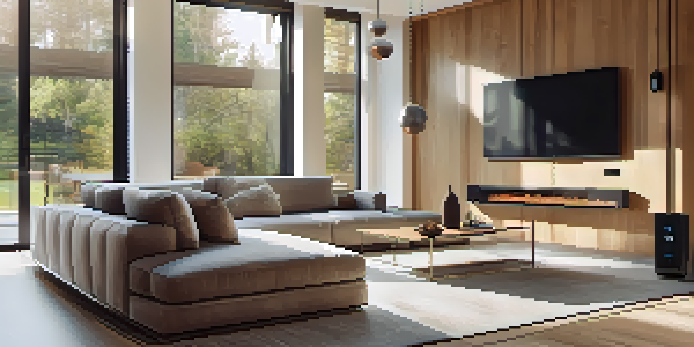 A modern living room with smart home devices like a thermostat and voice-activated speakers, illuminated by natural light.