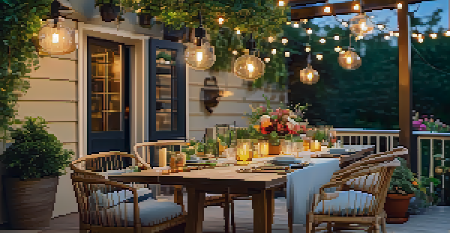An outdoor patio with a dining table set for four, surrounded by greenery and colorful flowers, illuminated by warm golden hour light.