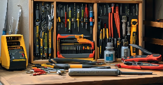 A neatly organized electrical toolkit on a wooden workbench, showcasing various tools like screwdrivers, pliers, wire strippers, and a multimeter under warm natural light.
