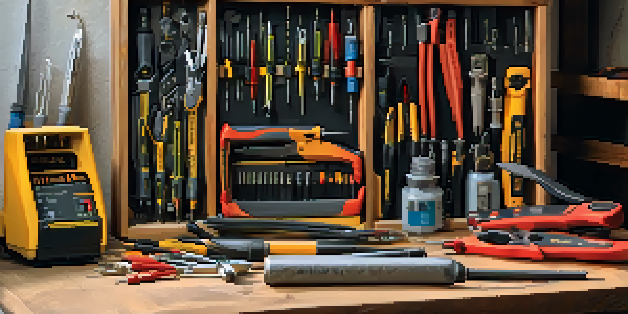 A neatly organized electrical toolkit on a wooden workbench, showcasing various tools like screwdrivers, pliers, wire strippers, and a multimeter under warm natural light.