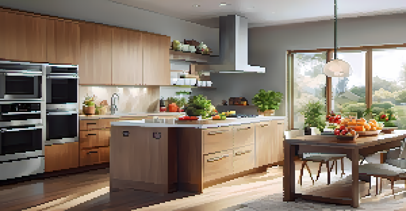 A modern kitchen with a large island, fresh fruits, and sunlight illuminating glossy countertops and wooden cabinets.