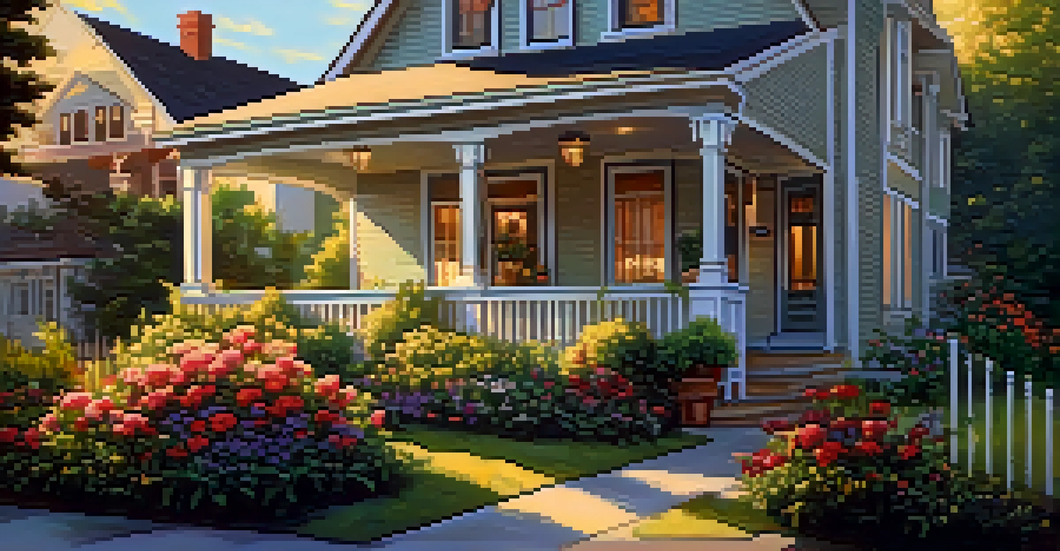 A beautiful rental property with a front porch, surrounded by flowers and greenery, captured in warm sunset light.