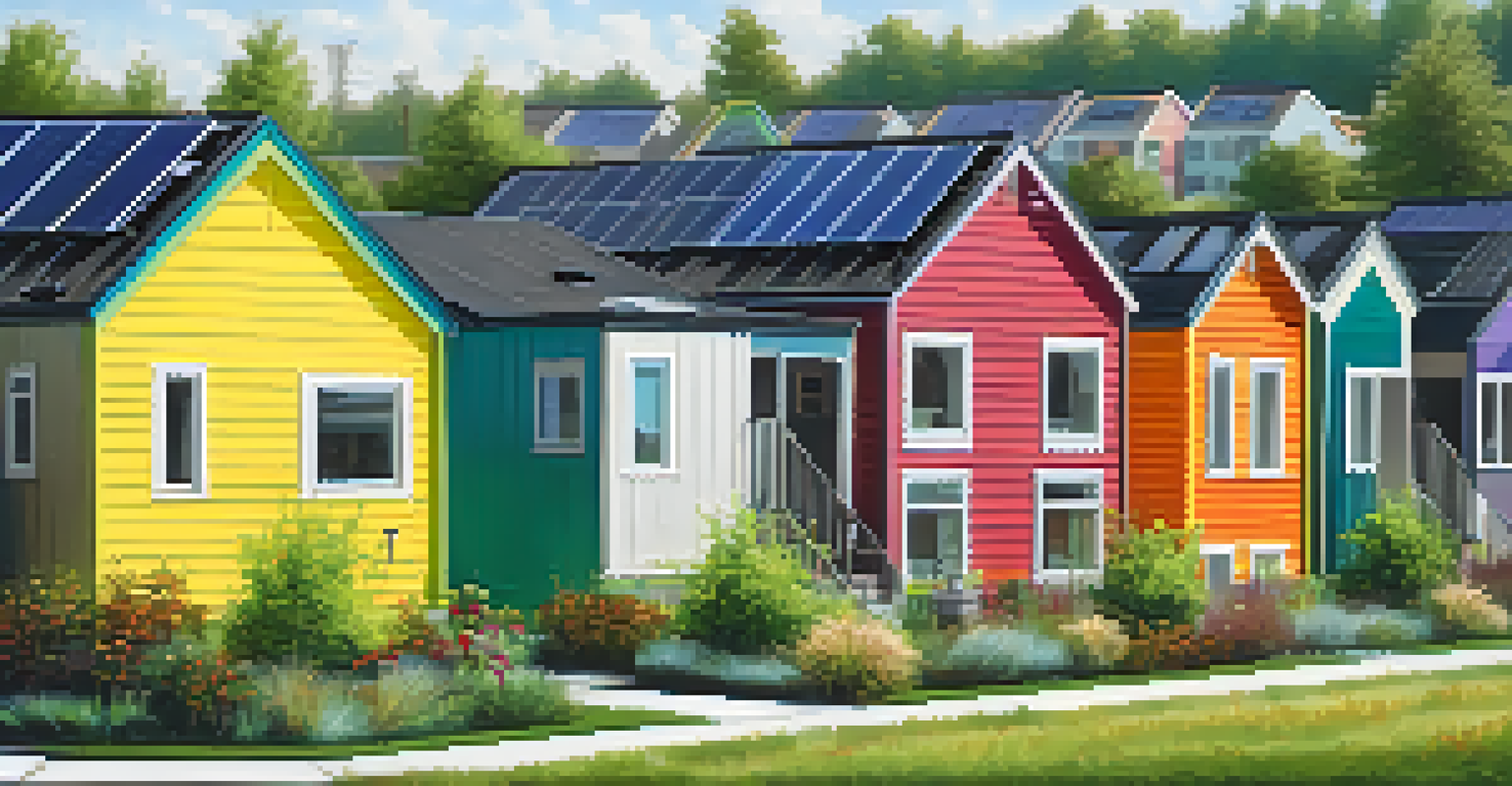 A colorful row of modern prefabricated homes in an urban neighborhood, featuring green roofs and solar panels, with people engaging in community activities.