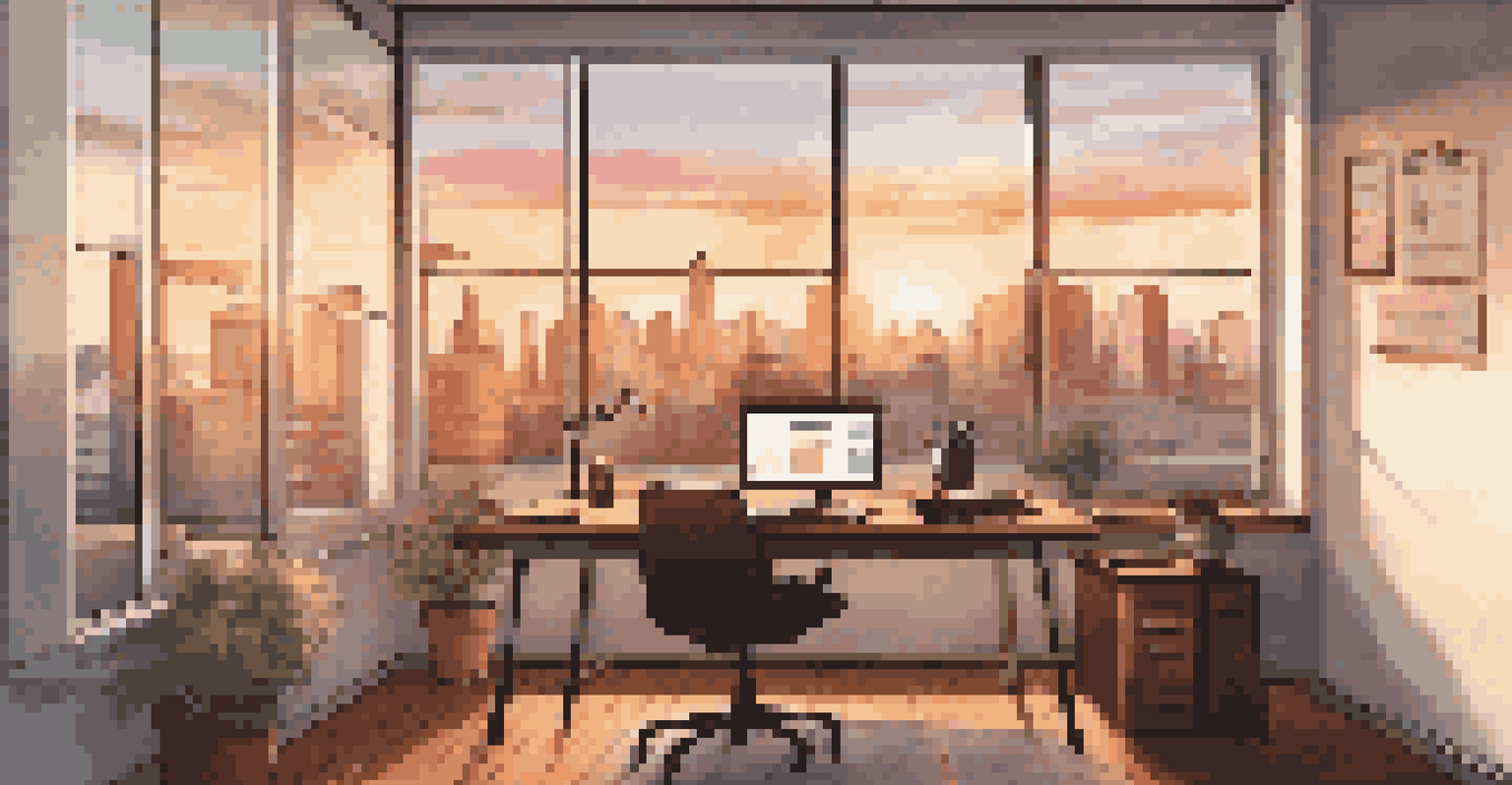 An organized office with a wooden desk and laptop, featuring a city skyline view during sunset.