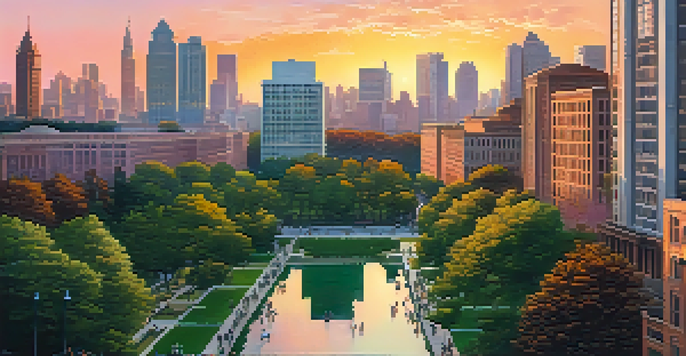 A city skyline during sunset with modern and historic buildings, surrounded by a park filled with trees and people.