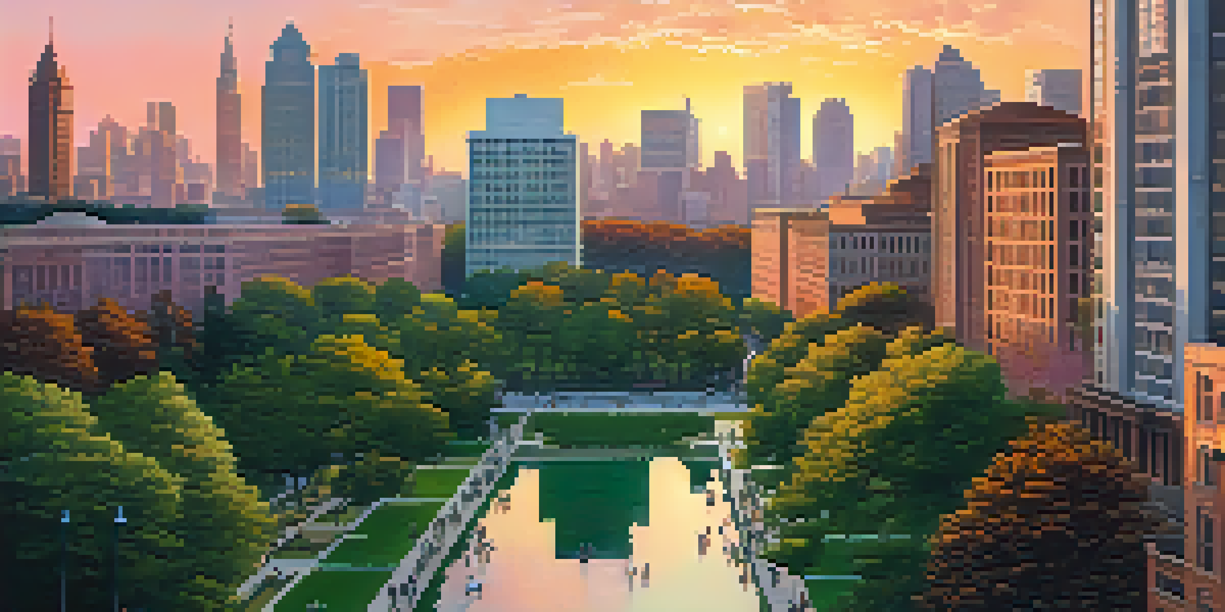 A city skyline during sunset with modern and historic buildings, surrounded by a park filled with trees and people.