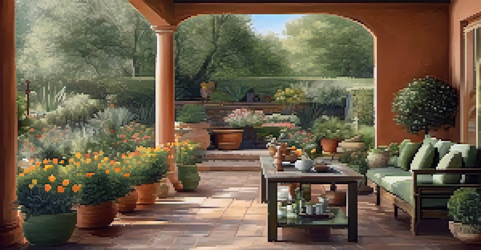 An outdoor area with terracotta pots and olive green furniture, surrounded by vibrant flowers and sunlight through trees.