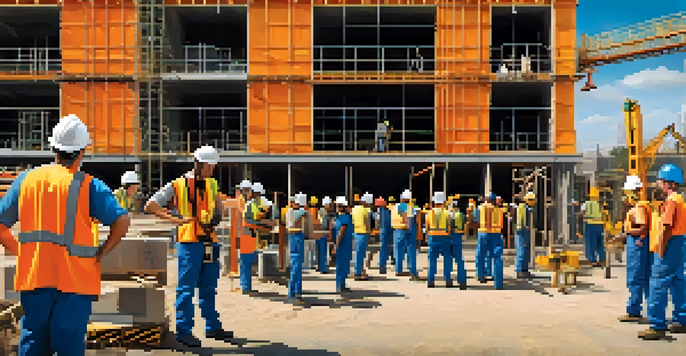 A diverse group of contractors in safety gear participating in a training session at a construction site under a clear blue sky.