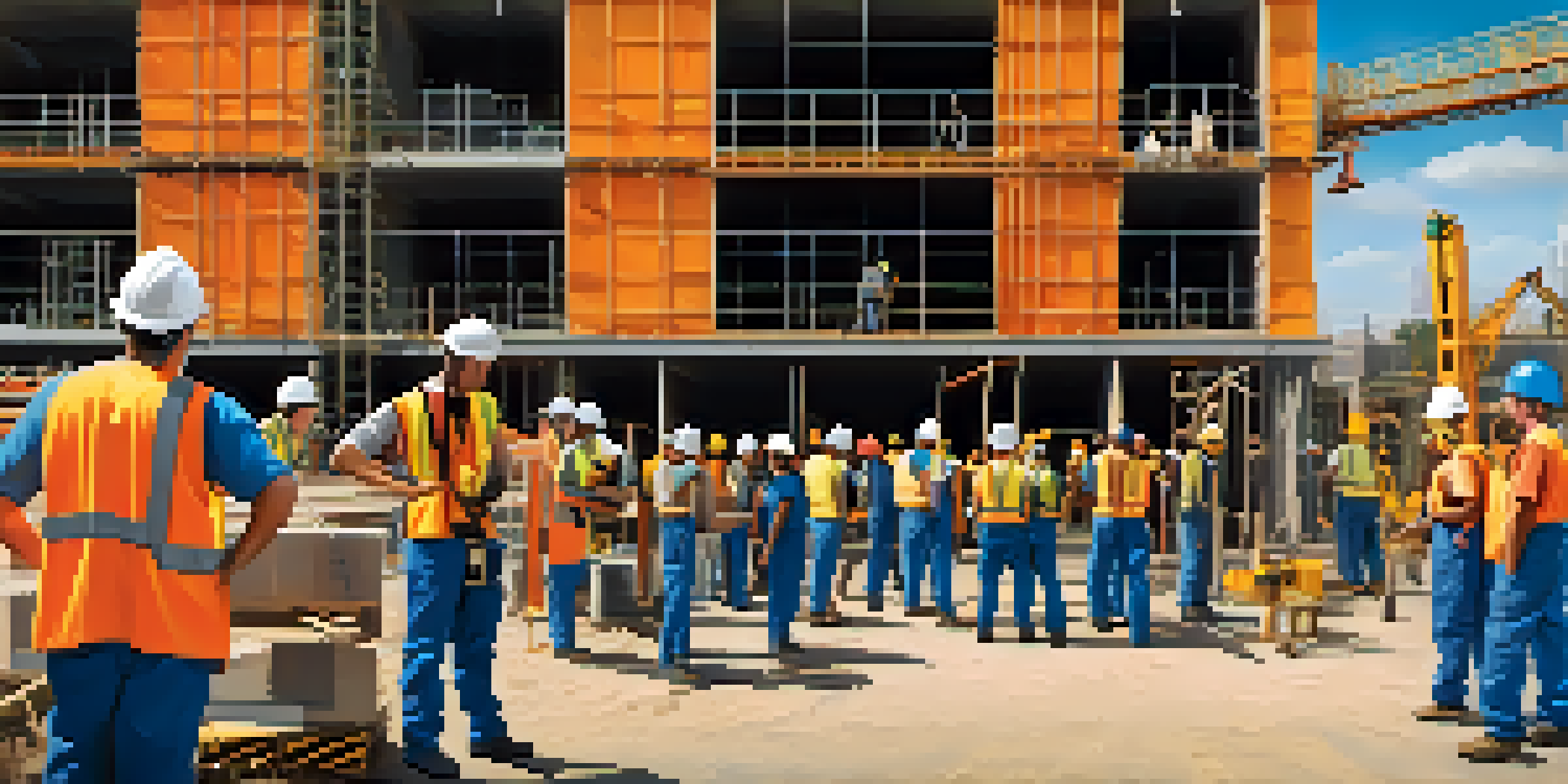 A diverse group of contractors in safety gear participating in a training session at a construction site under a clear blue sky.