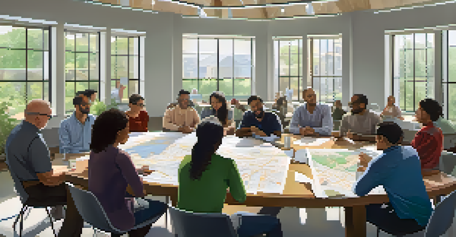 A community meeting with diverse participants discussing land use plans around a table filled with maps.