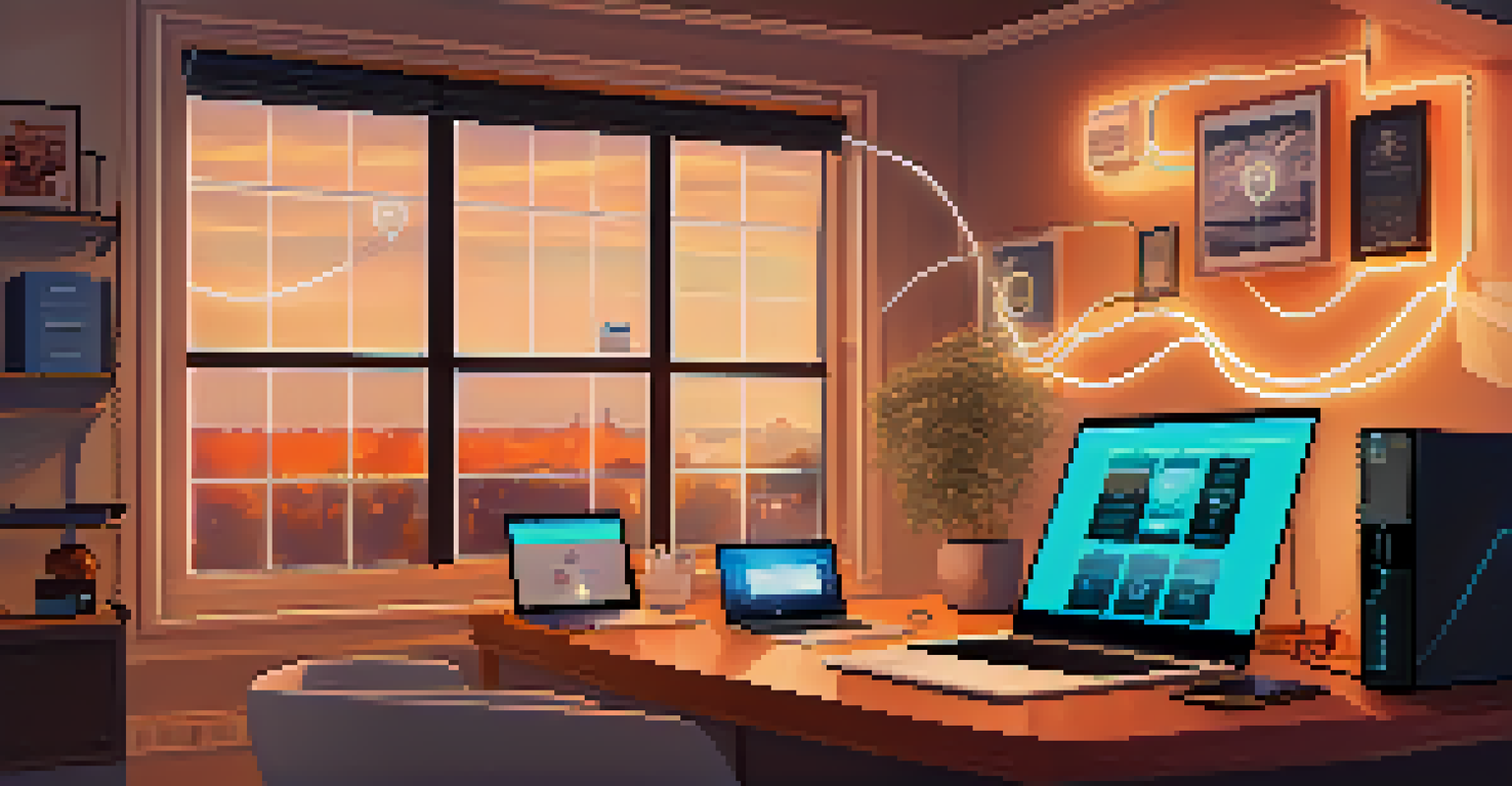 A visual representation of a home network with a router and connected smart devices, all linked by glowing lines.