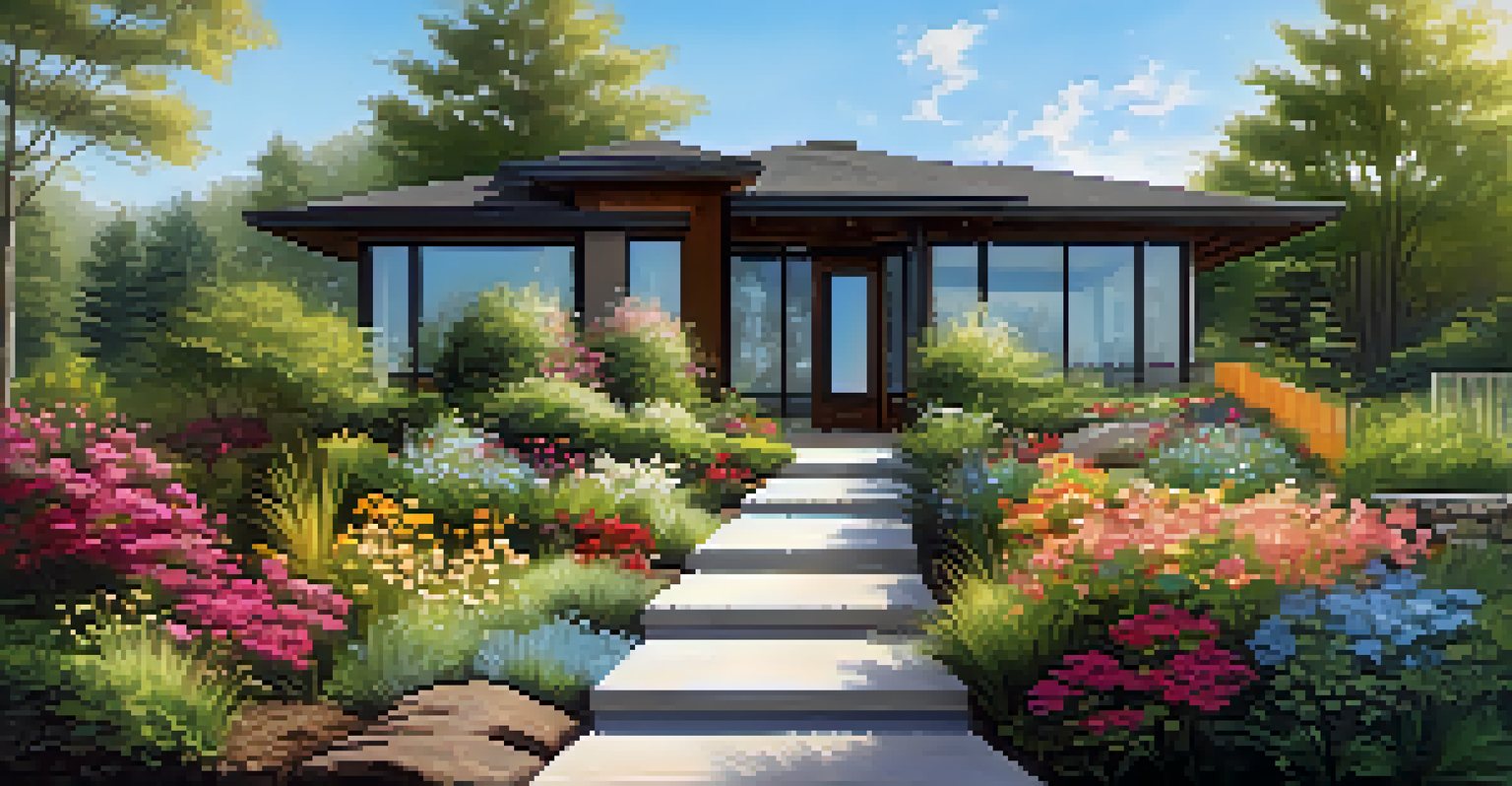 An accessible garden pathway leading to a home, surrounded by colorful flowers and a gentle slope.
