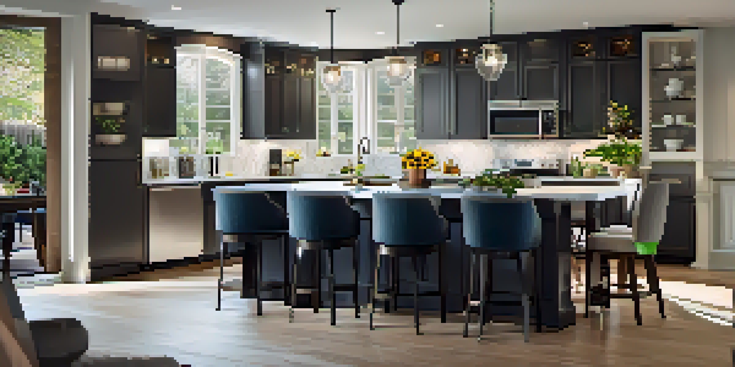 A modern kitchen featuring updated appliances, attractive countertops, and a welcoming dining space illuminated by warm light.