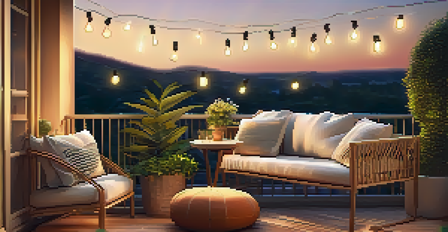 A cozy outdoor balcony with cushions, plants, and string lights, illuminated by the warm glow of the sunset.