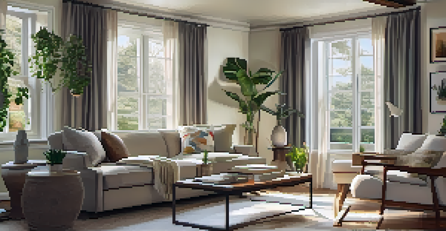 A cozy living room filled with natural light, featuring a comfortable couch, coffee table, and decorated walls.
