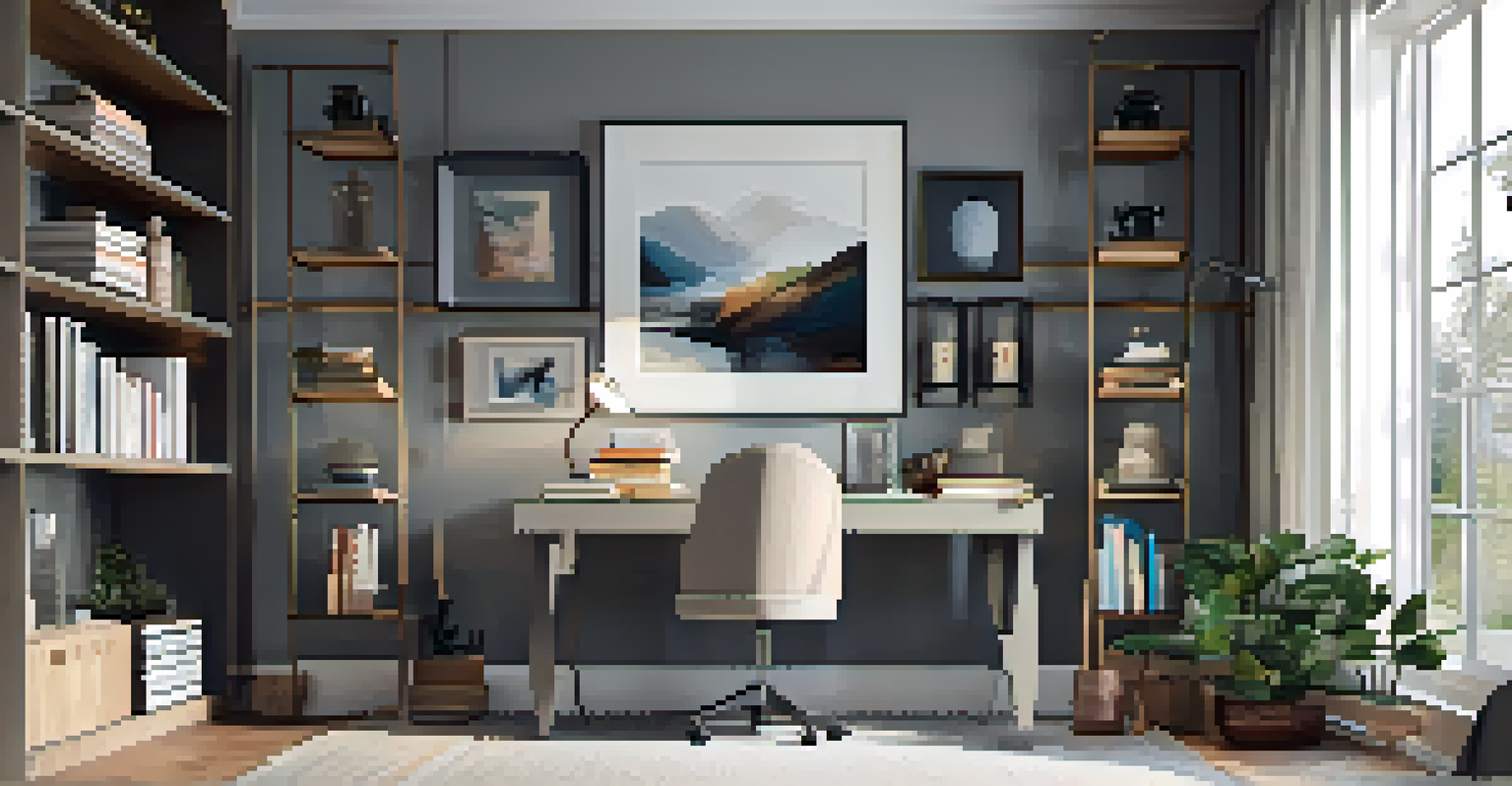 An inviting home office featuring a vintage armchair, abstract art, and a stylish desk lamp with natural light.