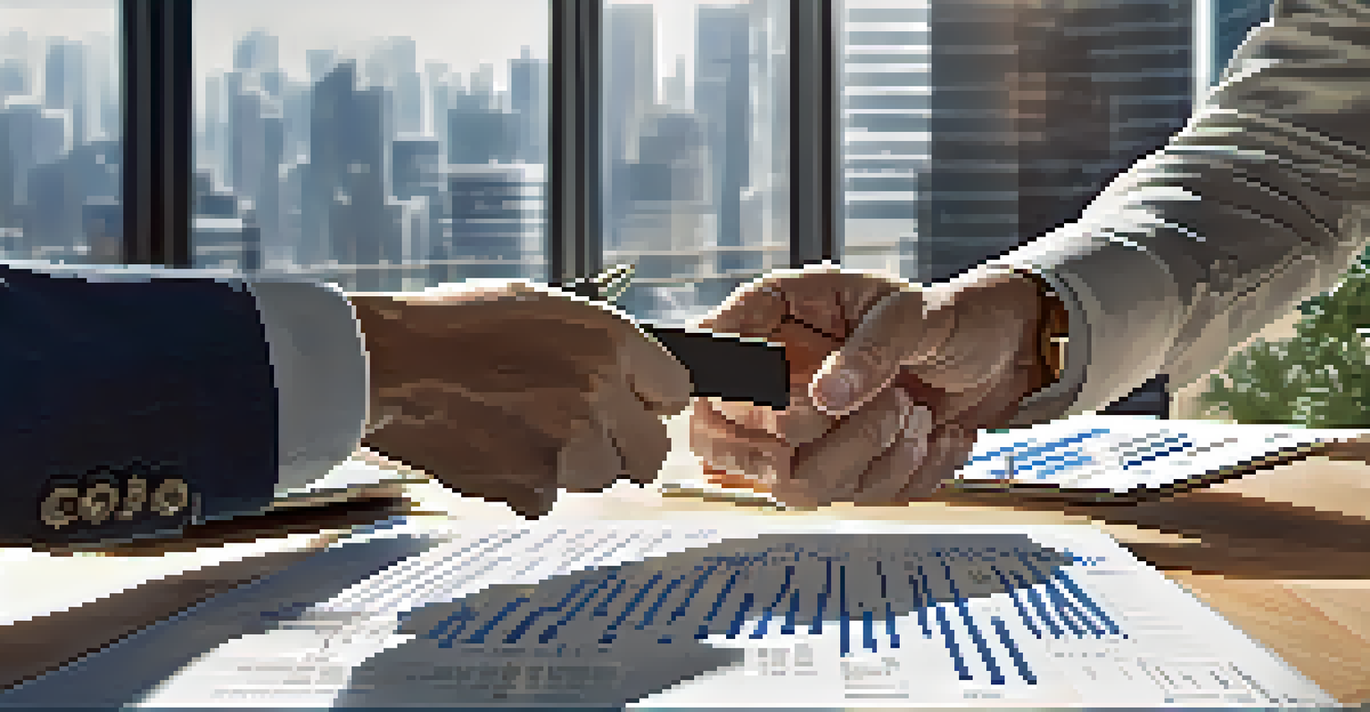 A close-up of a real estate agent's hands holding a clipboard with property listings and market data.