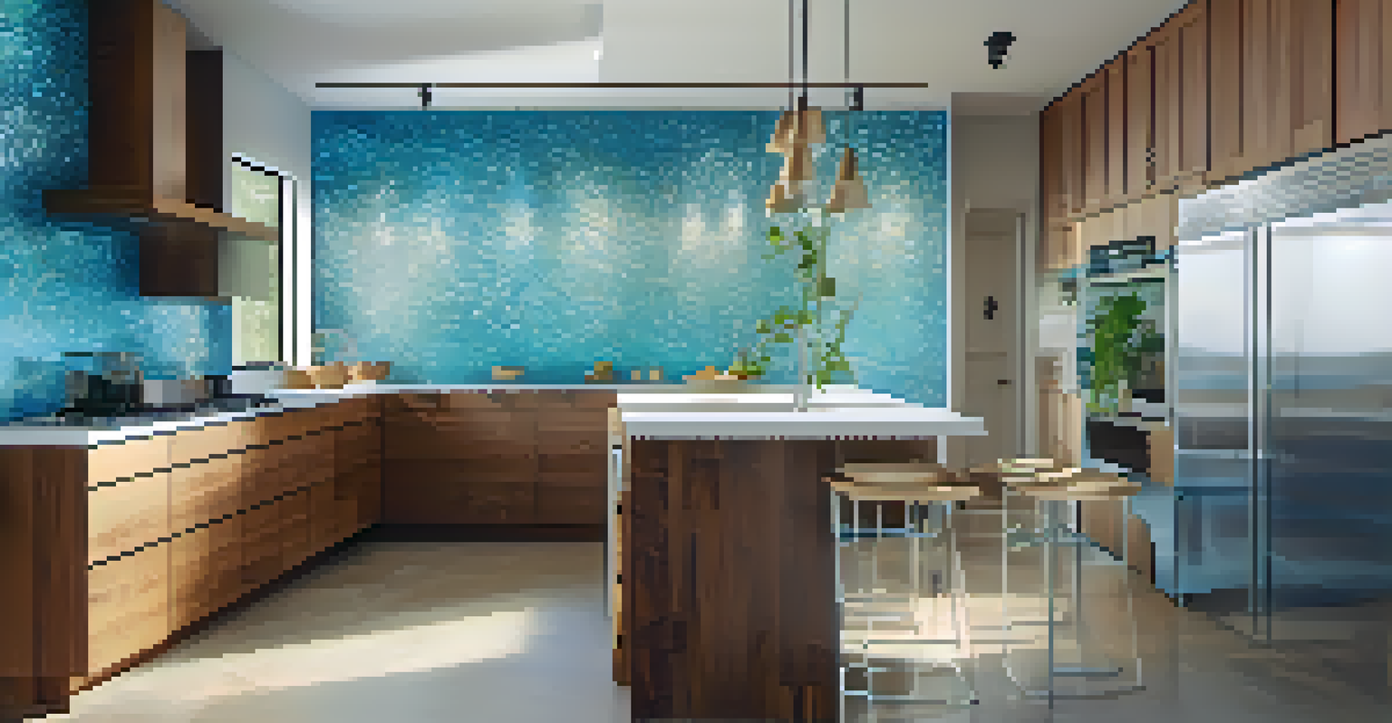 A modern kitchen with recycled glass countertops and eco-friendly appliances, featuring a calming blue wall color.
