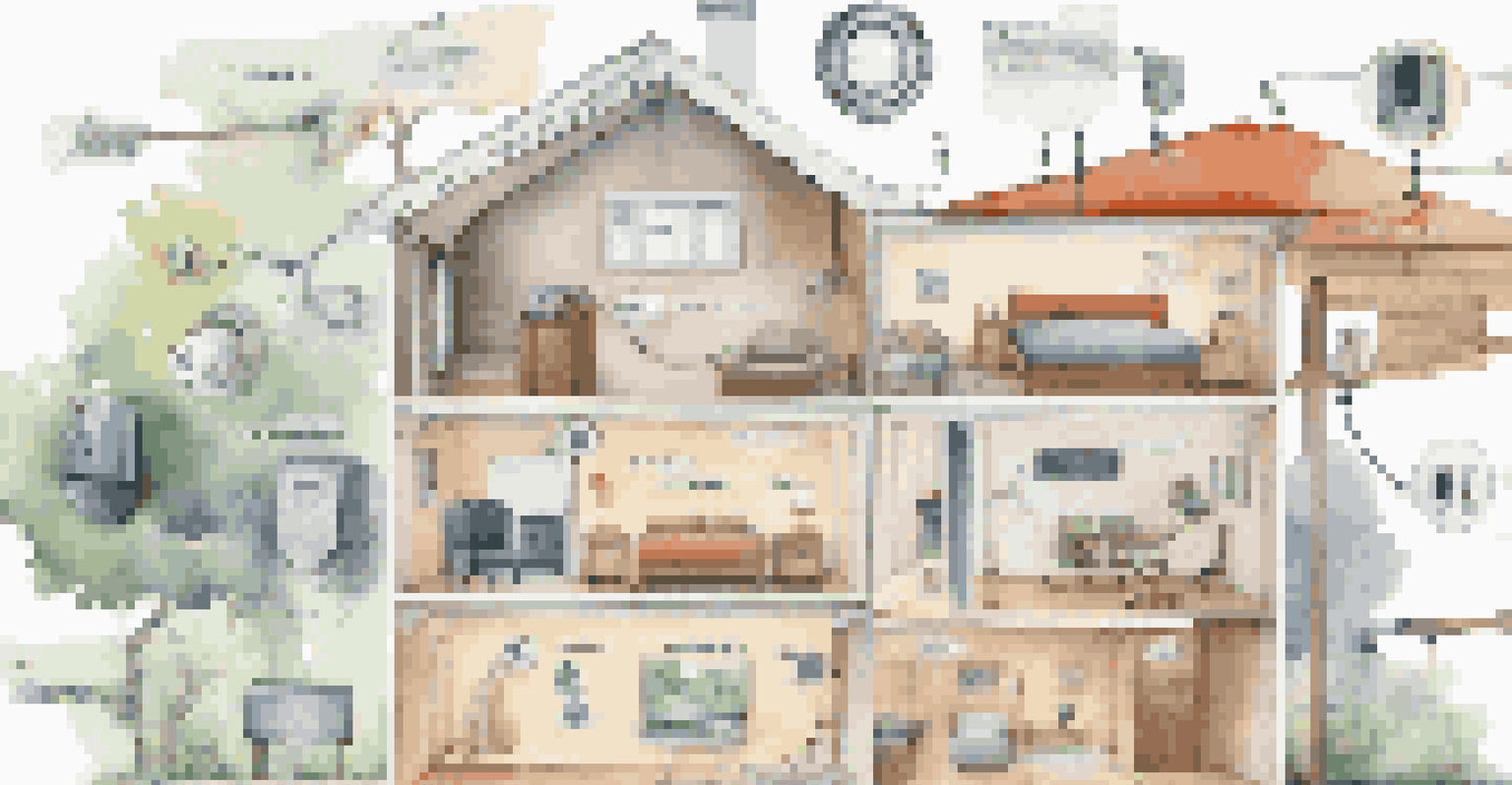 An infographic showing the components of a home security system with arrows indicating their connections on a light background.