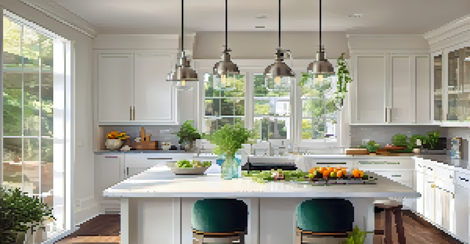 A bright renovated kitchen with white cabinets and a large island, illuminated by sunlight streaming through a window.