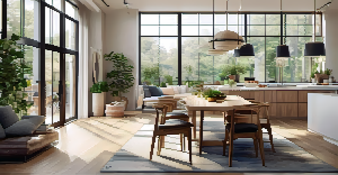 A spacious open floor plan living area with a kitchen, dining area, and living room filled with natural light and modern decor.