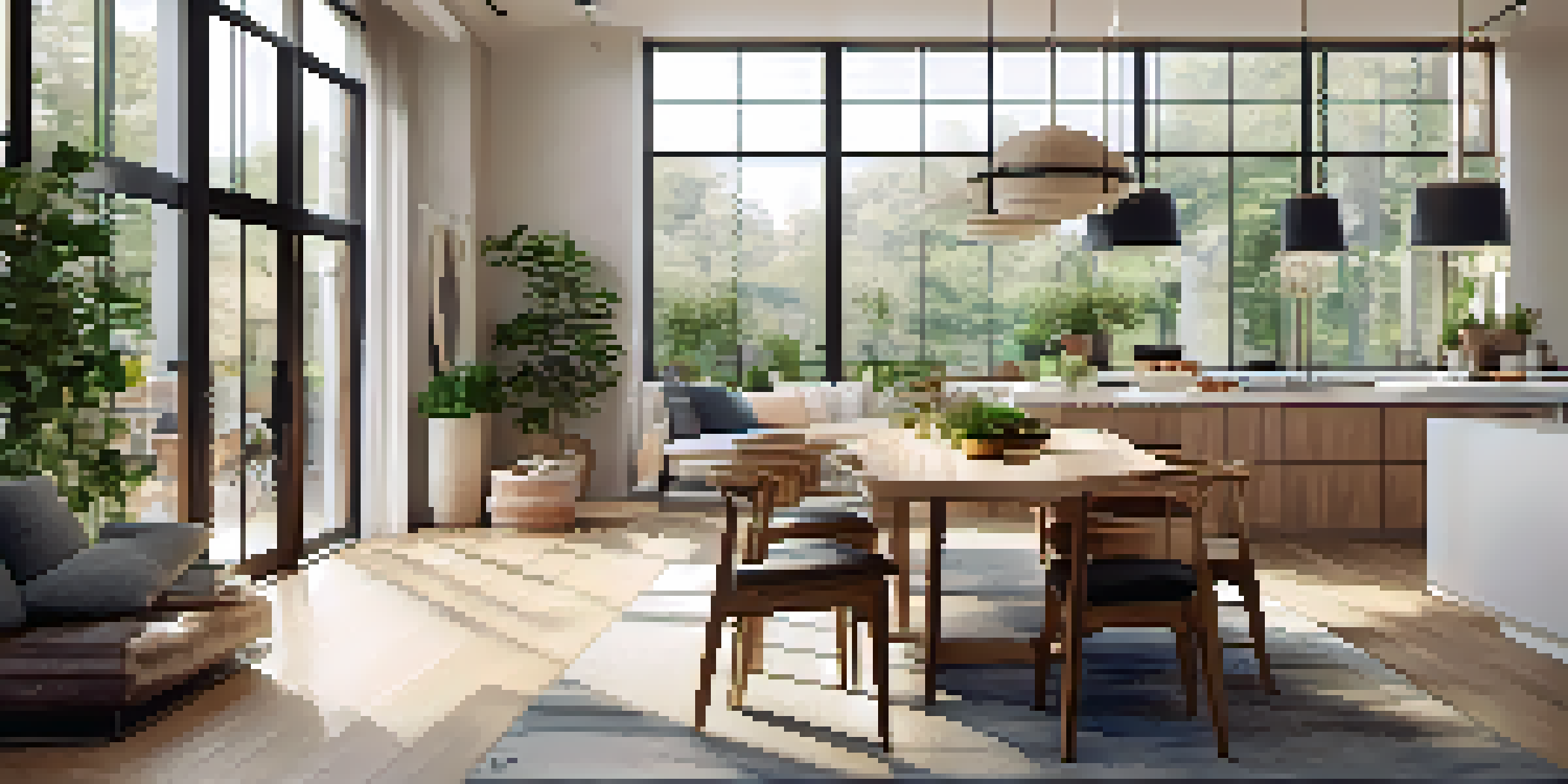 A spacious open floor plan living area with a kitchen, dining area, and living room filled with natural light and modern decor.