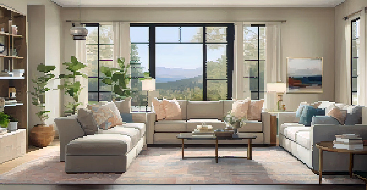 A cozy and stylish living room with an open layout, featuring a comfortable sofa and large windows allowing natural light.