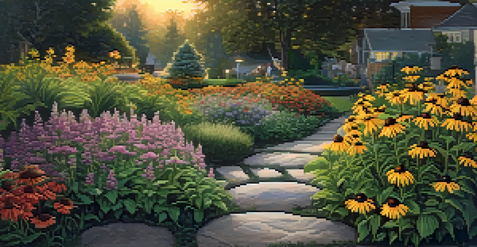 A vibrant small garden filled with native flowers and a stone pathway, illuminated by solar path lights, creating a peaceful evening atmosphere.