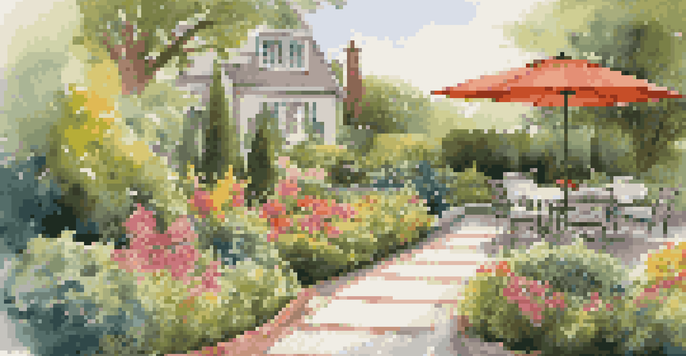 A beautiful outdoor garden with vibrant flowers and greenery, perfect for a virtual home inspection.