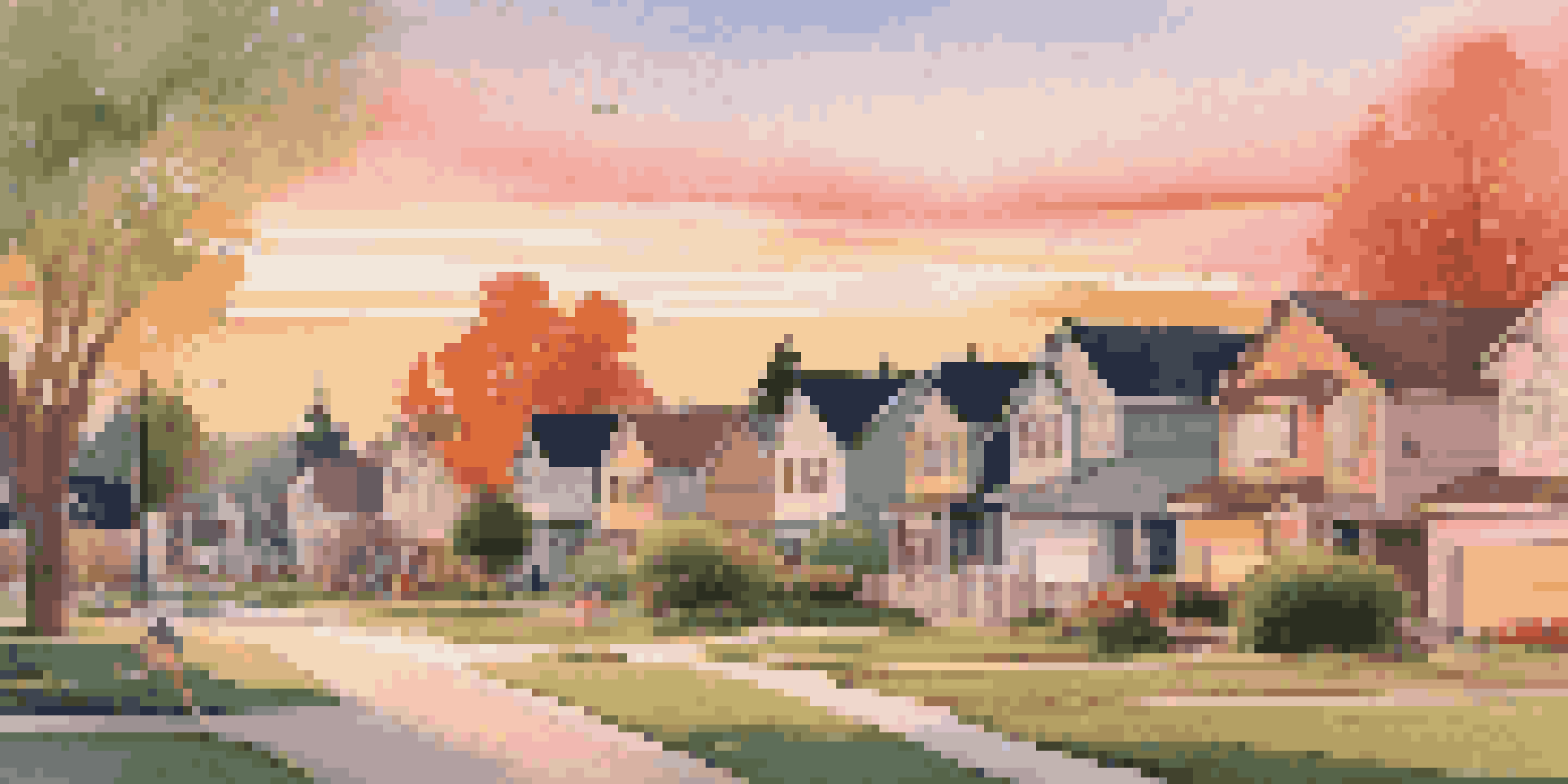 A picturesque suburban neighborhood at sunset with homes, children playing, and colorful skies.