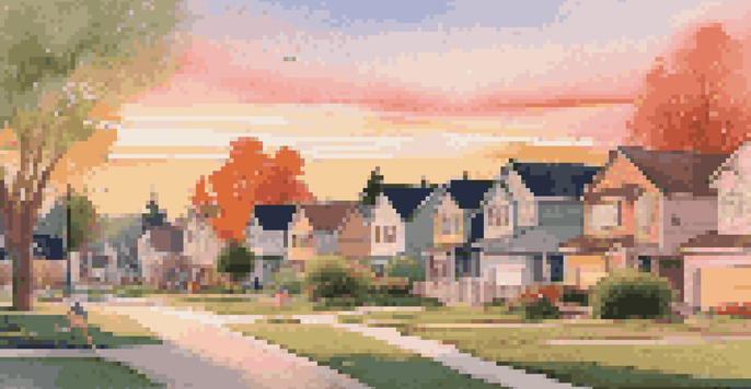 A picturesque suburban neighborhood at sunset with homes, children playing, and colorful skies.