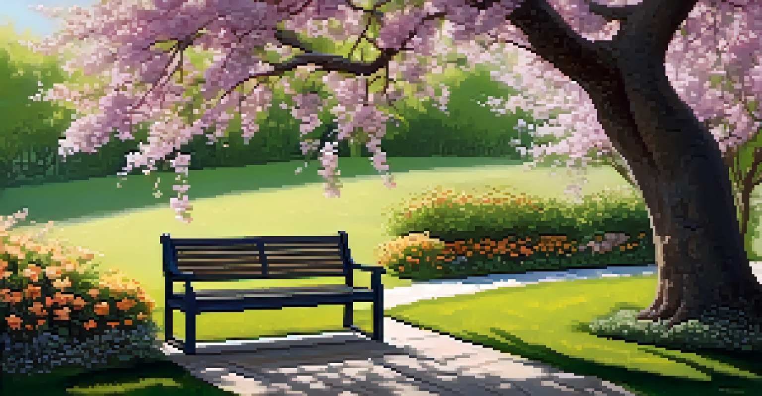 A serene spring garden with blooming flowers, lush greenery, and a wooden bench under a tree, illuminated by sunlight filtering through the leaves.