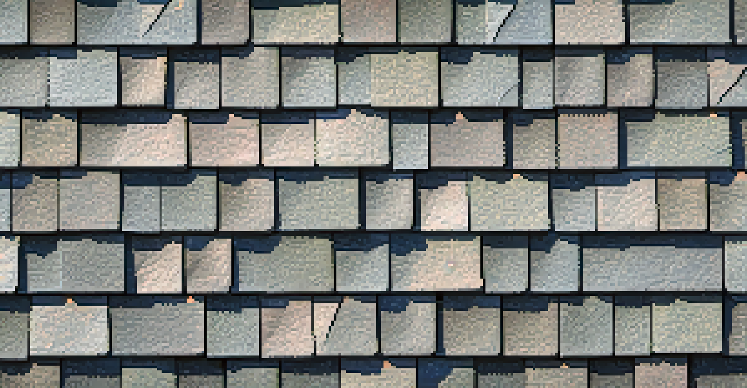 A detailed close-up of textured asphalt shingles on a roof, showing their durability and energy efficiency in soft sunlight.
