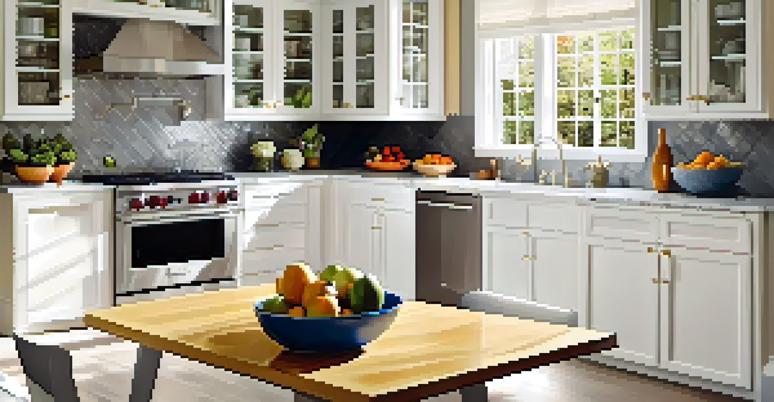 An inviting kitchen with white cabinets, marble countertop, fresh fruits, and stainless steel appliances.