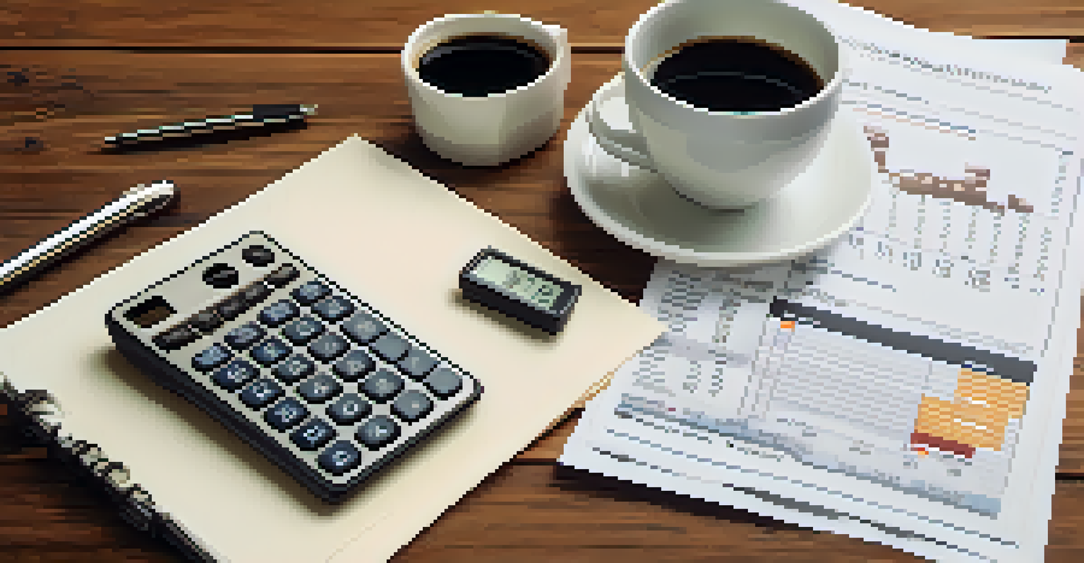 A close-up of a calculator and financial papers on a wooden table, accompanied by a cup of coffee.