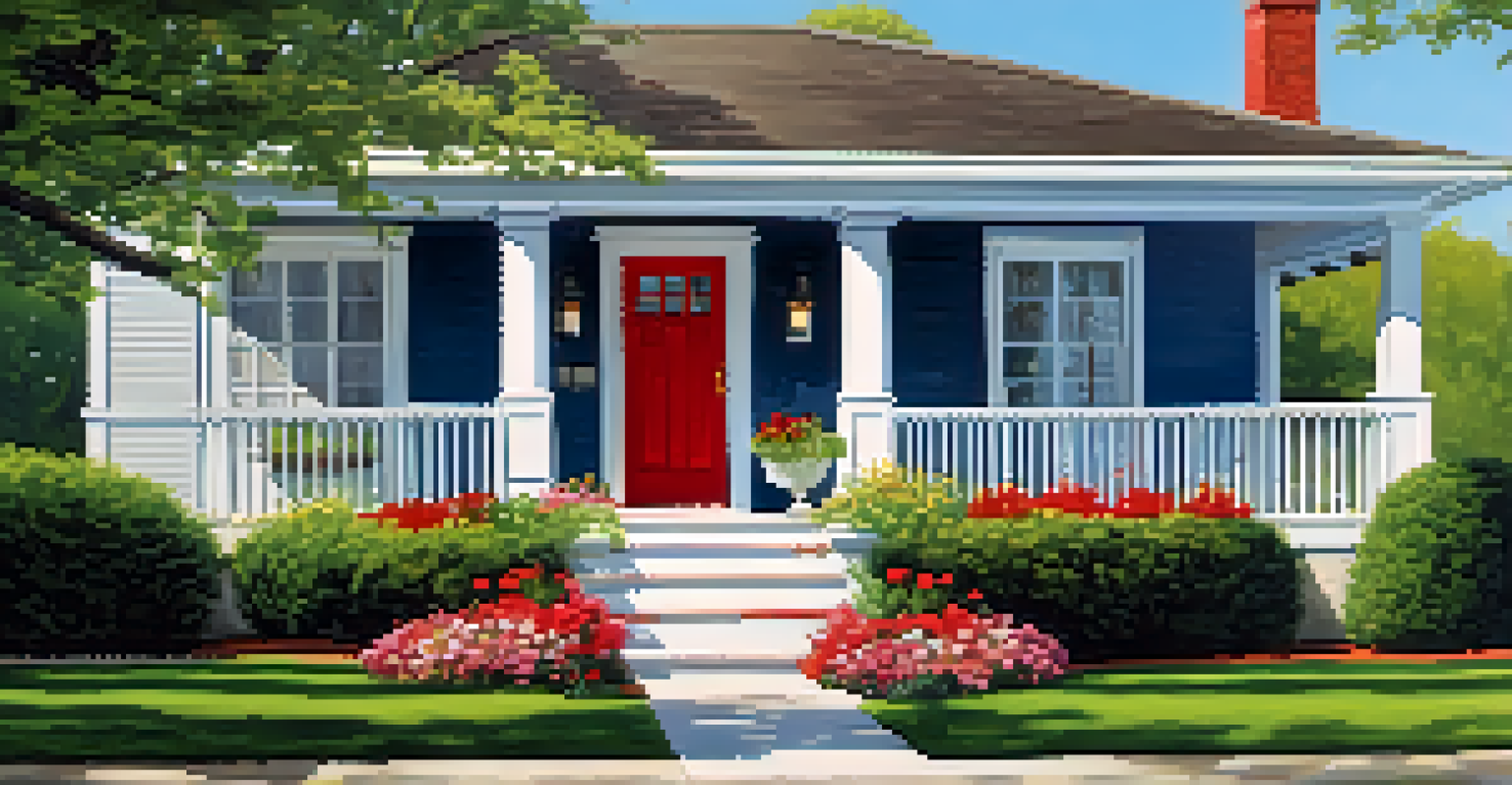 A charming house with a manicured lawn, blooming flowers, and a clear sky, featuring a welcoming porch and a red door.
