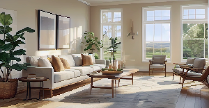 A spacious open floor plan living area filled with natural light, featuring comfortable furniture and a modern kitchen in the background.