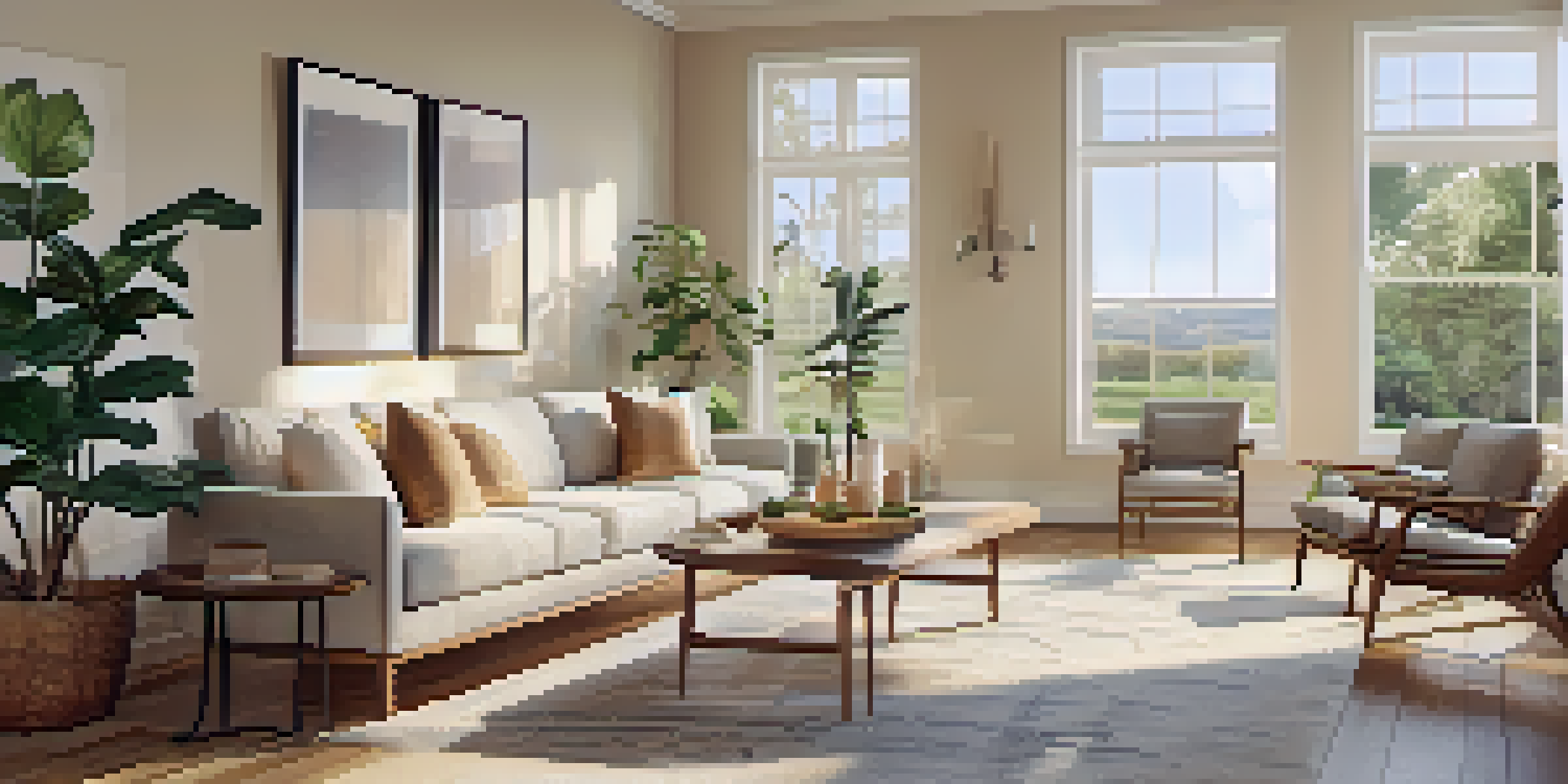 A spacious open floor plan living area filled with natural light, featuring comfortable furniture and a modern kitchen in the background.