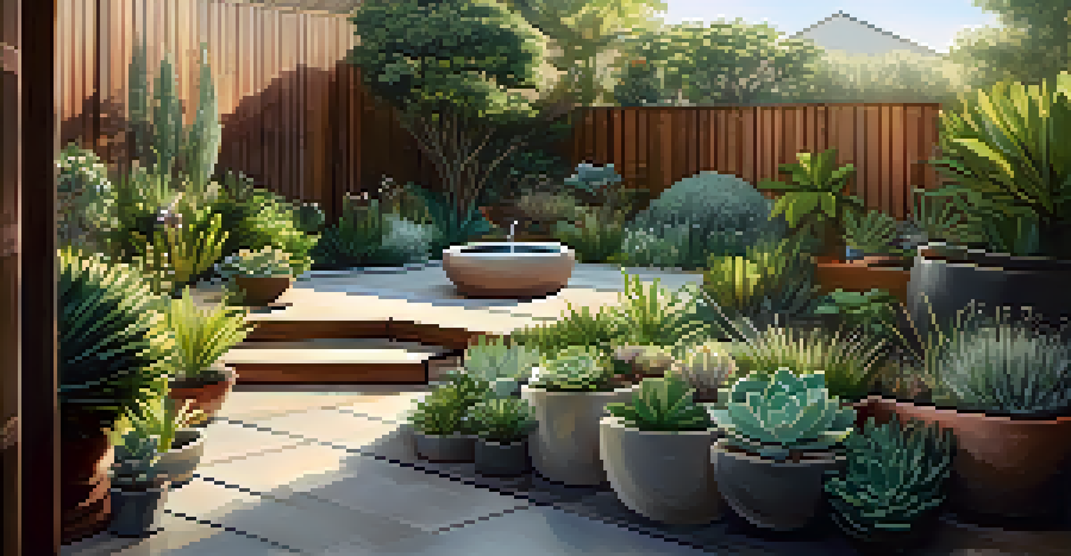 A modern garden with potted plants, including succulents and herbs, on a stylish patio, complemented by a wooden fence and a small water feature.