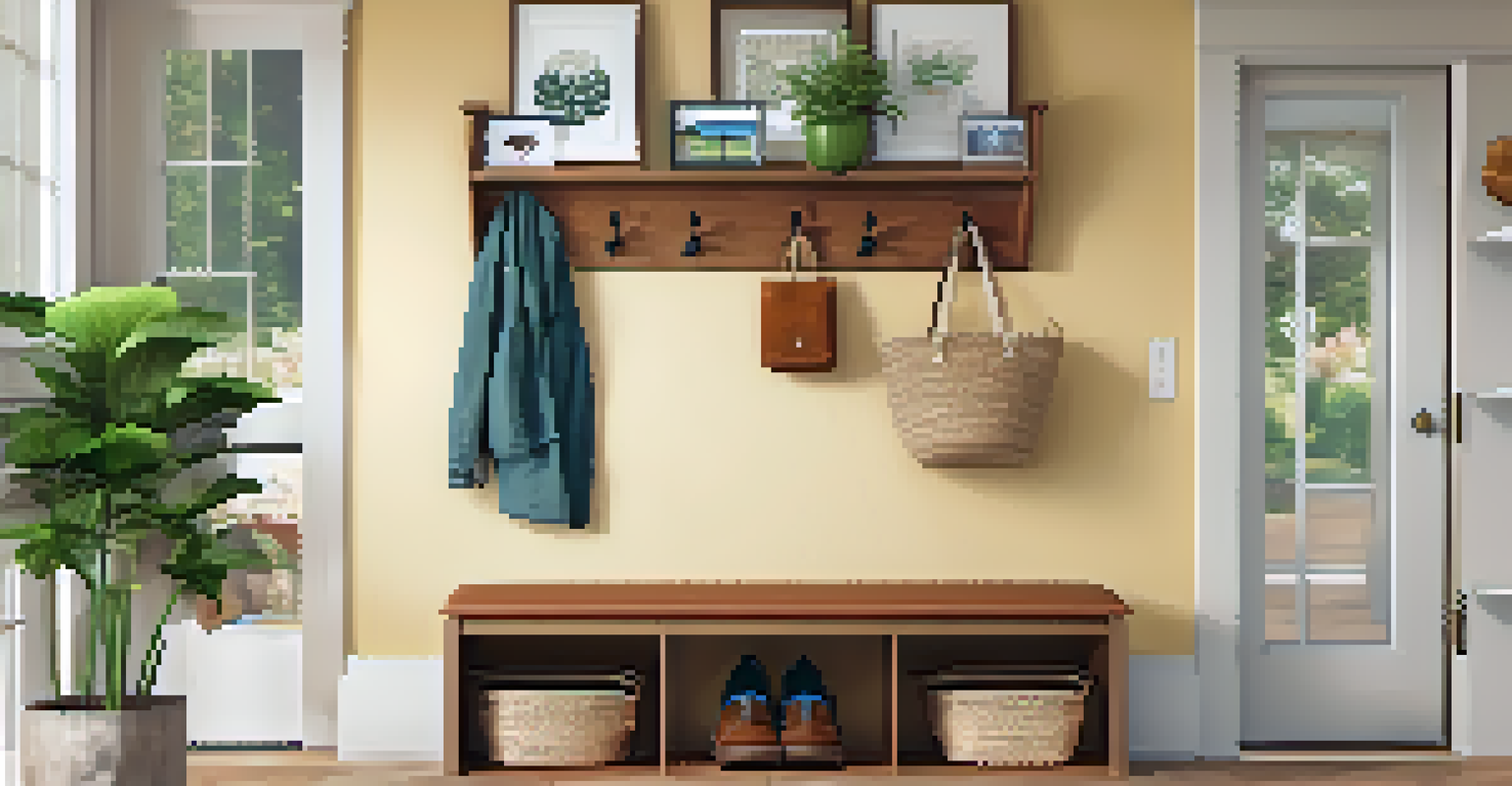 A bright entryway organized with shoe storage, coat hooks, and vibrant decor.