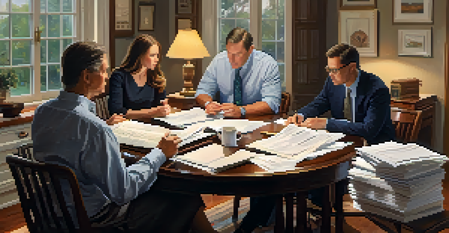 A family gathered around a table discussing estate planning documents with papers and coffee cups.