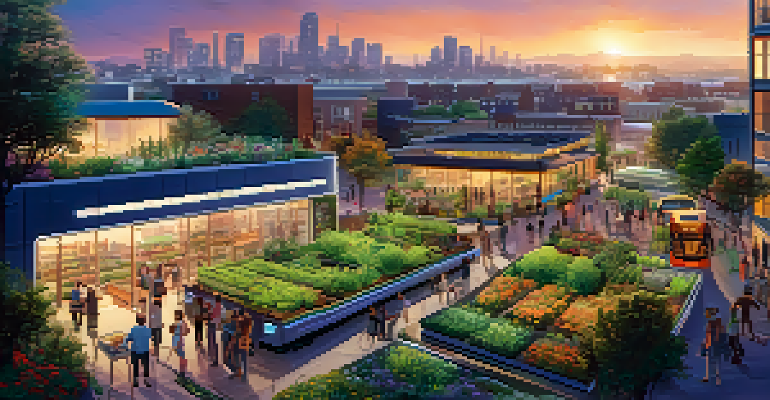 A modern city skyline at dusk with sustainable buildings, solar panels, and a community garden filled with people, all under a colorful sunset.