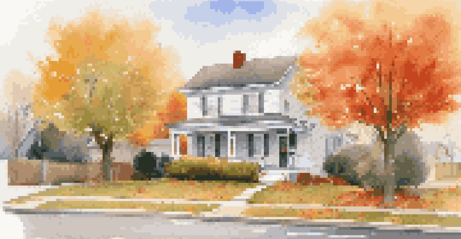 A picturesque suburban street in autumn with colorful trees, a 'For Sale' sign in front of a charming house, and a family walking by.